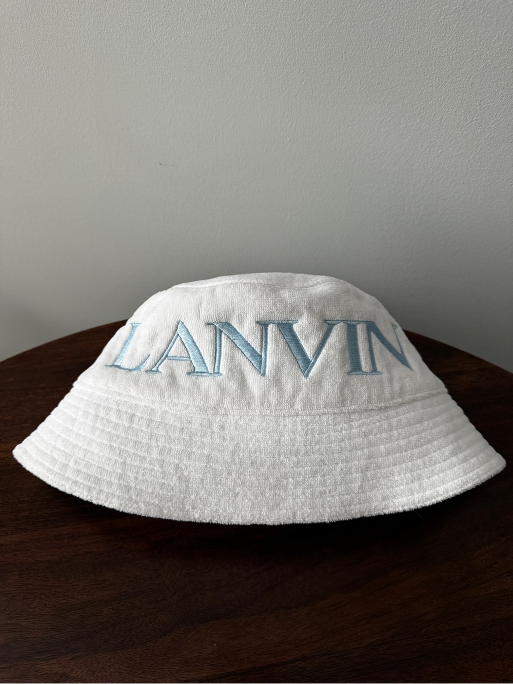 NWOT Lanvin White Bucket Hat with Pale Blue Embroidered Logo
